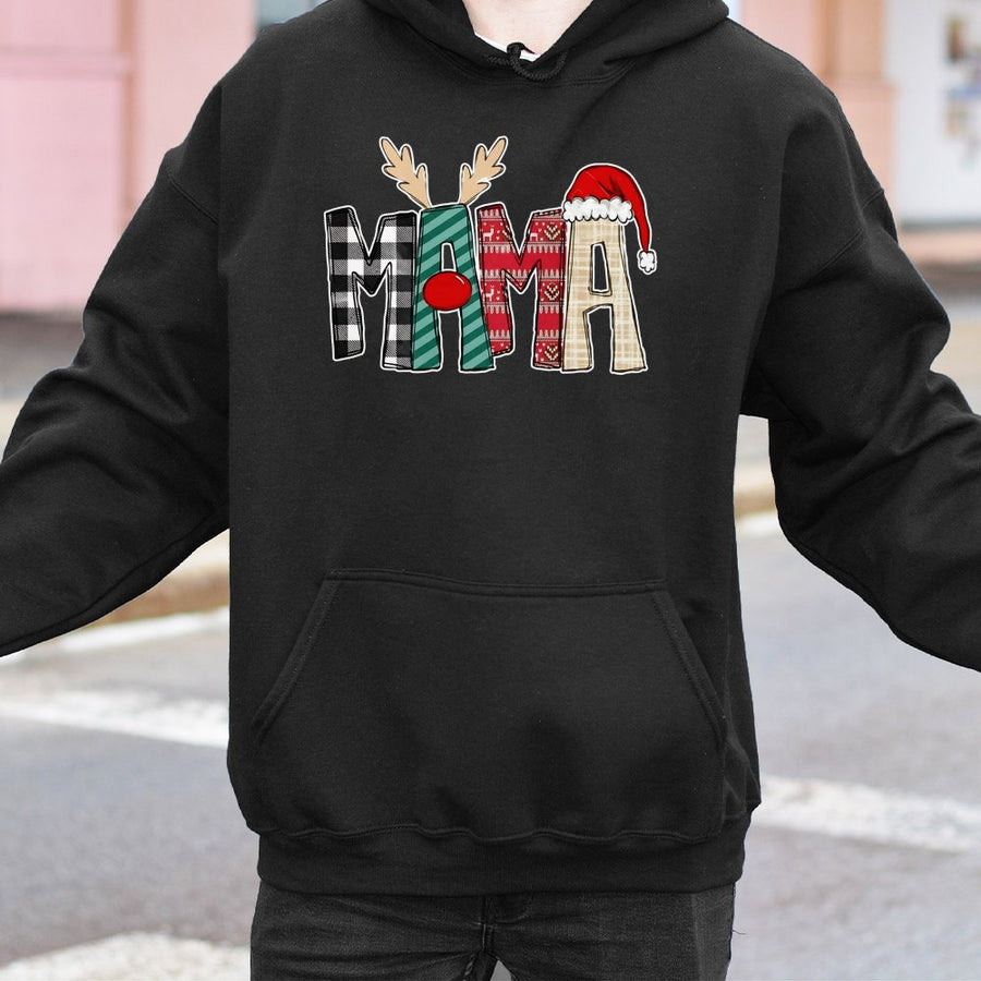 Mama Christmas Hoodie | Plaid Reindeer Antler Design | Soft Cotton-Poly Blend | Festive Holiday Gift For Mom