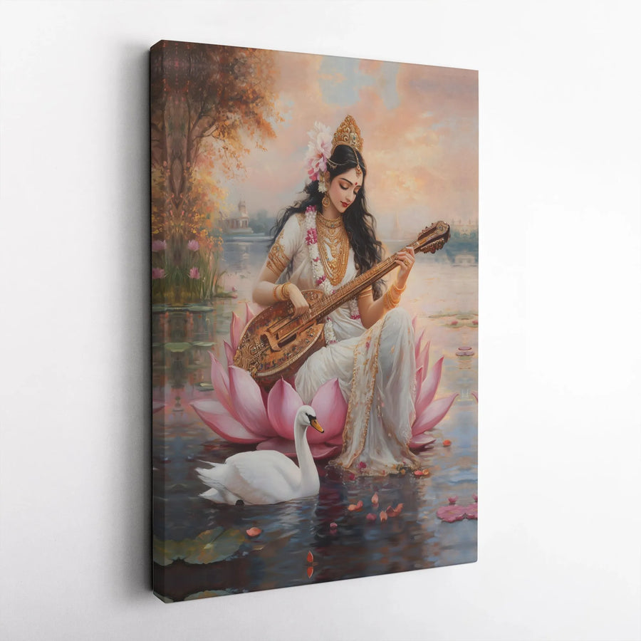 Goddess Saraswati Canvas Print | Spiritual Indian Deity Art | Premium Frameless Wall Decor | Gift for Yoga Studio & Meditation Room