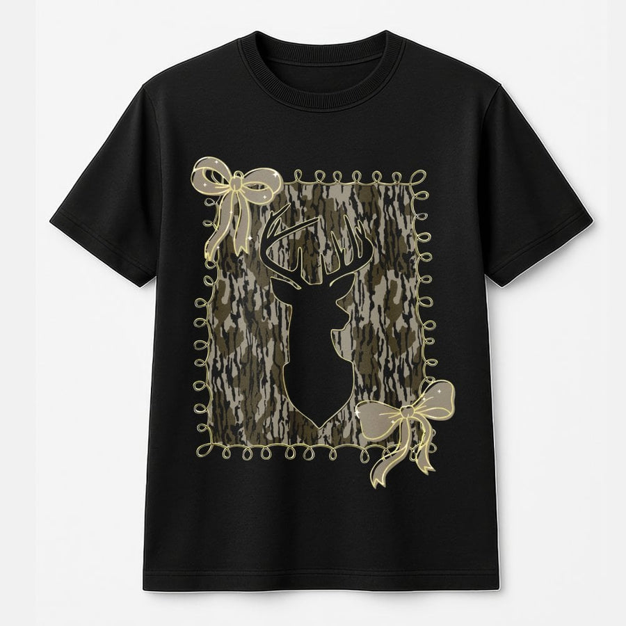 Deer Camo Bow T-Shirt | Preppy Coquette Aesthetic Hunting Print | 100% Cotton Premium Tee | Cute Fall Gift For Women And Hunters