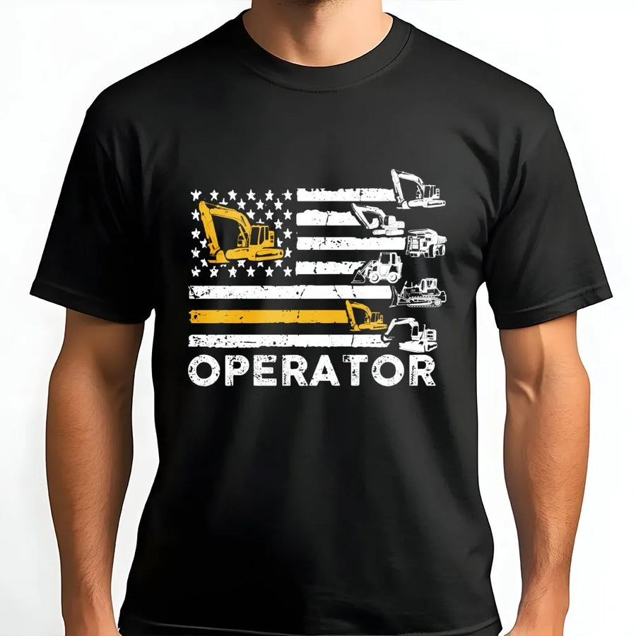 Heavy Equipment Operator T-Shirt | American Flag Construction Design | Premium Soft Cotton | Patriotic Gift for Excavator Operators