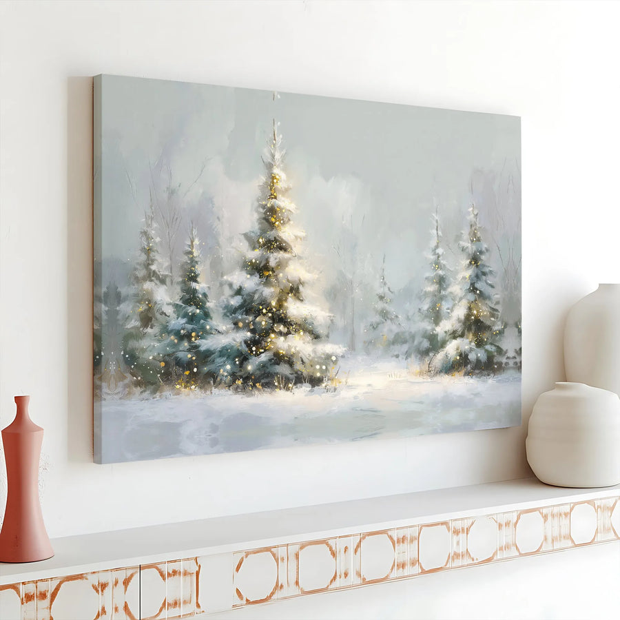 Snowy Winter Forest Canvas | Glowing Christmas Tree Art Print | Premium Gallery Wrap Decor | Holiday Home Wall Art Gift