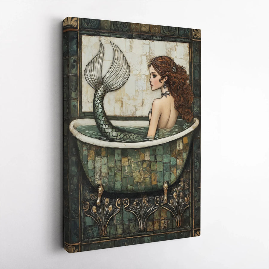 Mermaid Wall Art Canvas | Art Nouveau Bathtub Fantasy Illustration | Premium Gallery Wrap Print | Whimsical Bathroom Decor Gift