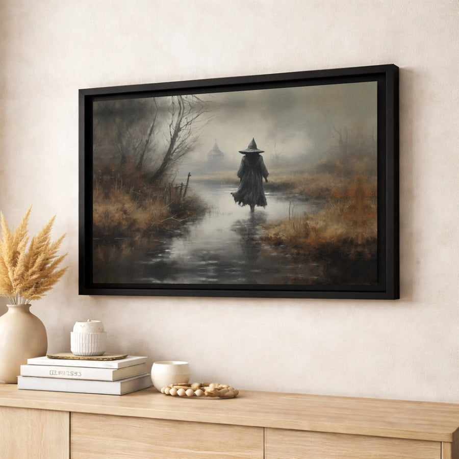 Gothic Witch Canvas Wall Art | Foggy River Landscape Decor | Premium Gallery-Wrapped Print | Dark Academia Aesthetic Gift for Home Office