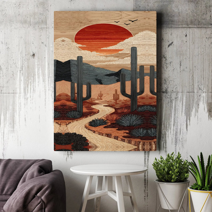 Desert Landscape Canvas Print | Mid Century Modern Saguaro Cactus Art | Premium Gallery Wrap Wall Decor | Southwestern Home Office Gift