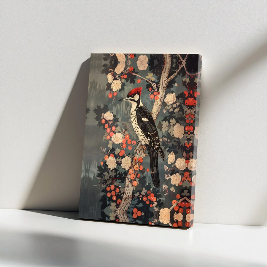 Woodpecker Canvas Wall Art | Botanical Bird Illustration With Red Berries | 1.25" Gallery Wrap Premium Print | Nature Home Decor For Bird Lovers