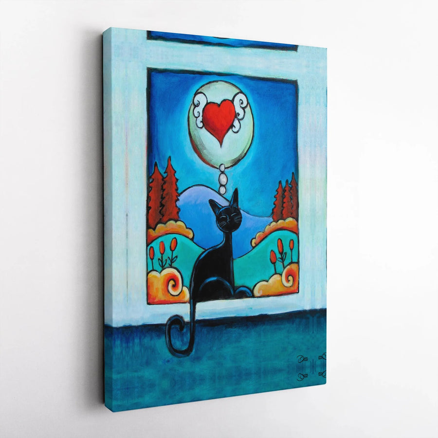 Black Cat Wall Art | Whimsical Winged Heart Window Canvas | Premium Gallery Wrap Decor | Gift for Cat Lovers & Pet Owners