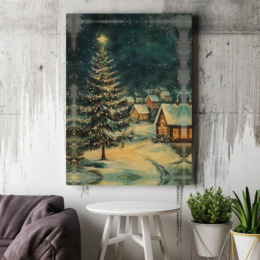 Vintage Christmas Village Canvas Wall Art | Snowy Winter Landscape with Lit Pine Tree | Gallery-Quality 1.25 Inch Wrap | Festive Holiday Home Decor Gift