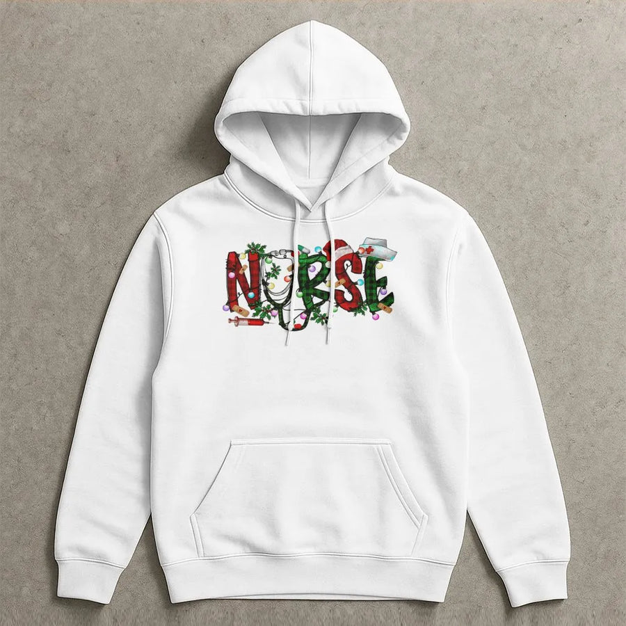 Christmas Nurse Hoodie | Plaid Festive Medical Graphic | Premium Cotton Blend | Gift for Nurses and Nursing Students