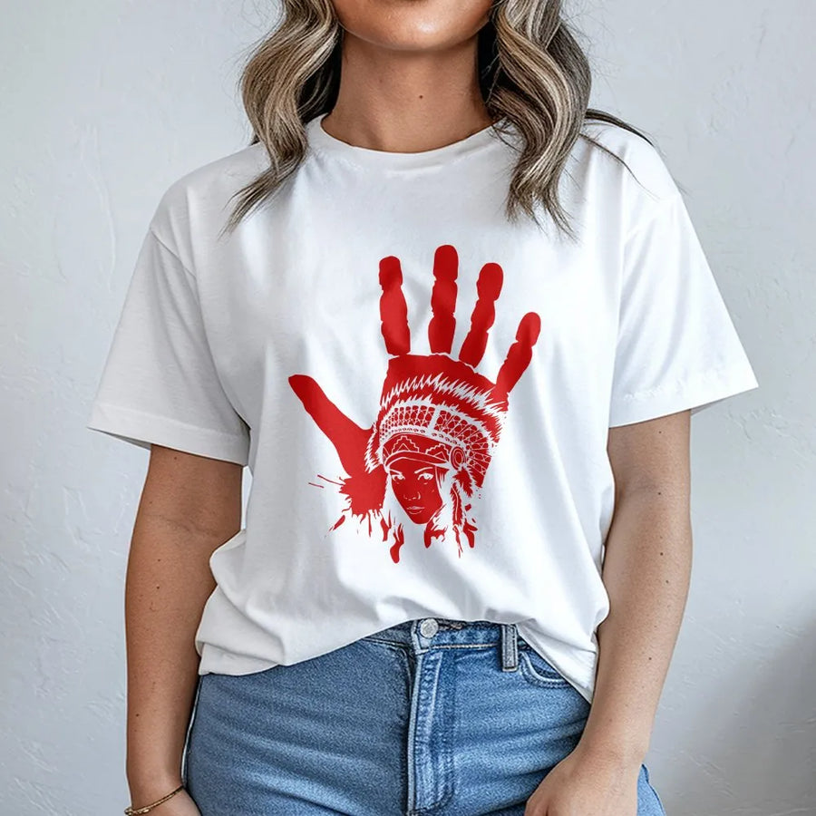 MMIW Awareness T-Shirt | Red Hand Print Native American Graphic | 100% Cotton Premium Tee | Indigenous Pride Support Gift