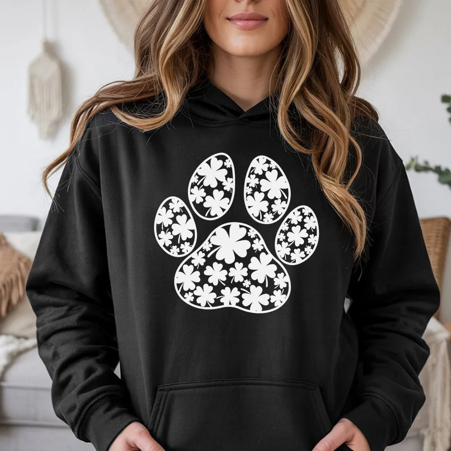 St. Patrick's Day Dog Paw Hoodie | Lucky Shamrock Graphic Print | Premium Cotton Blend Sweatshirt | Cute Gift for Dog Lovers & Irish Pet Owners