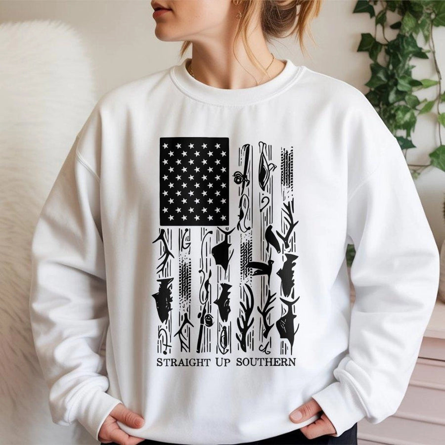 American Flag Fishing Sweatshirt | Patriotic Outdoor Wildlife Graphic | Premium Cotton Blend Crewneck | Southern Pride Gift for Outdoorsmen