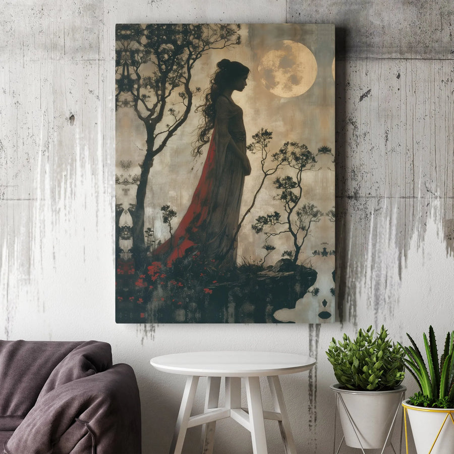 Gothic Woman Canvas Print | Moody Moonlit Landscape Wall Art | Premium Gallery Wrapped Decor | Ethereal Fantasy Gift for Her