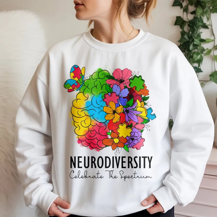 Neurodiversity Sweatshirt | Celebrate The Spectrum Floral Brain | Premium Cotton Blend | Autism Awareness Gift For Teachers And Advocates