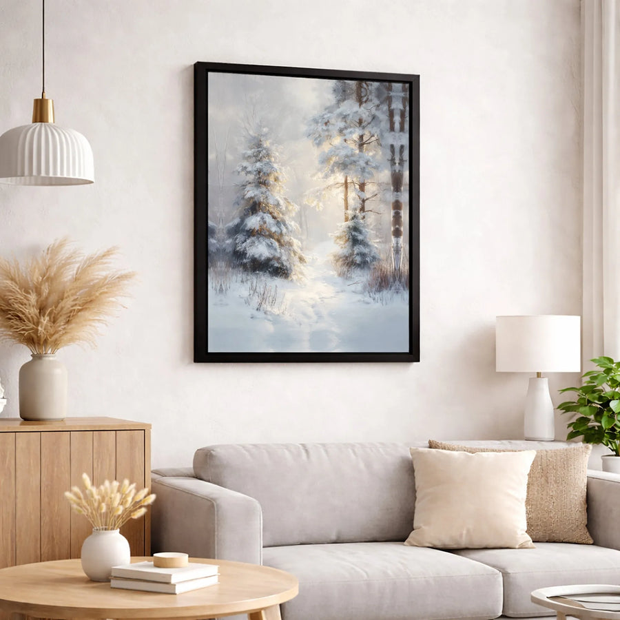 Winter Forest Canvas Wall Art | Snowy Pine Tree Landscape Oil Painting | Gallery Wrapped Premium Decor | Serene Nature Print for Living Room