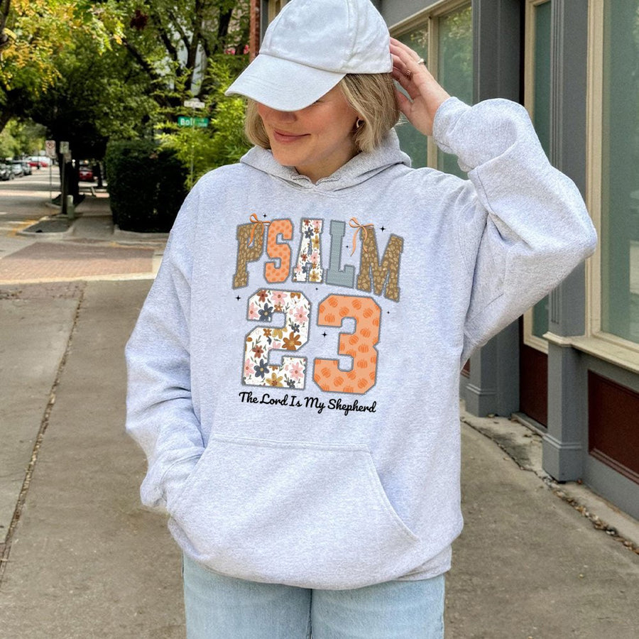 Psalm 23 Hoodie | The Lord Is My Shepherd Faith Apparel | Premium Cotton Blend Christian Gift | Fall Floral Pumpkin Bible Verse Graphic Pullover
