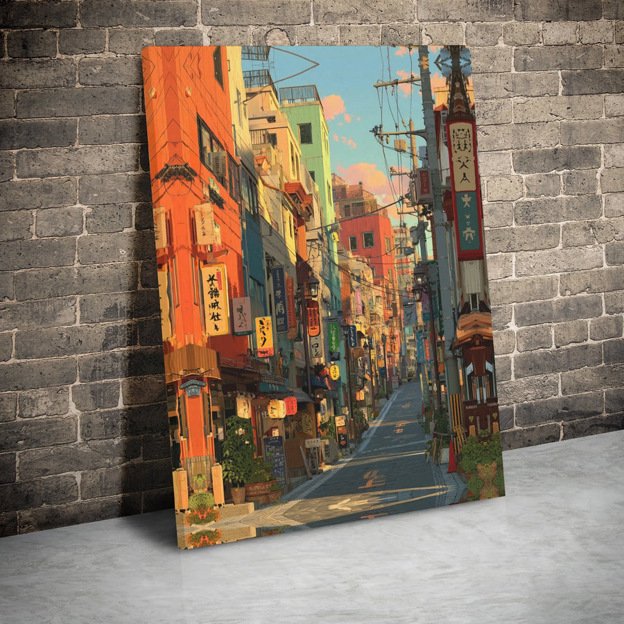 Japanese Street Anime Canvas Print | Vibrant Tokyo Alleyway Illustration | Gallery-Wrap Premium Decor | Aesthetic Gift for Otaku Lovers