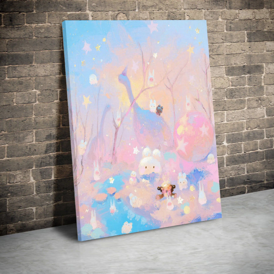 Kawaii Bunny & Dinosaur Vertical Canvas | Whimsical Pastel Forest Print | Premium Gallery Wrapped Canvas | Nursery & Kids Room Decor Gift