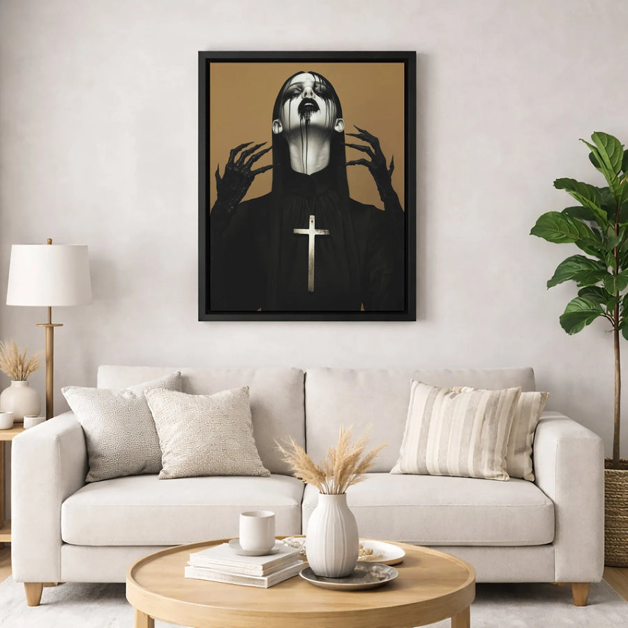 Gothic Dark Art Canvas Wall Decor | Occult Aesthetic Dripping Makeup Portrait | Premium Gallery-Wrapped Print | Moody Home Decor for Alternative Spaces