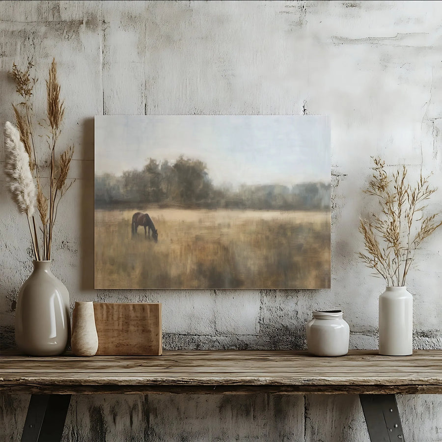 Horse Grazing Canvas Print | Impressionist Golden Field Landscape | 1.25" Gallery Wrap Premium Art | Countryside Farmhouse Home Decor