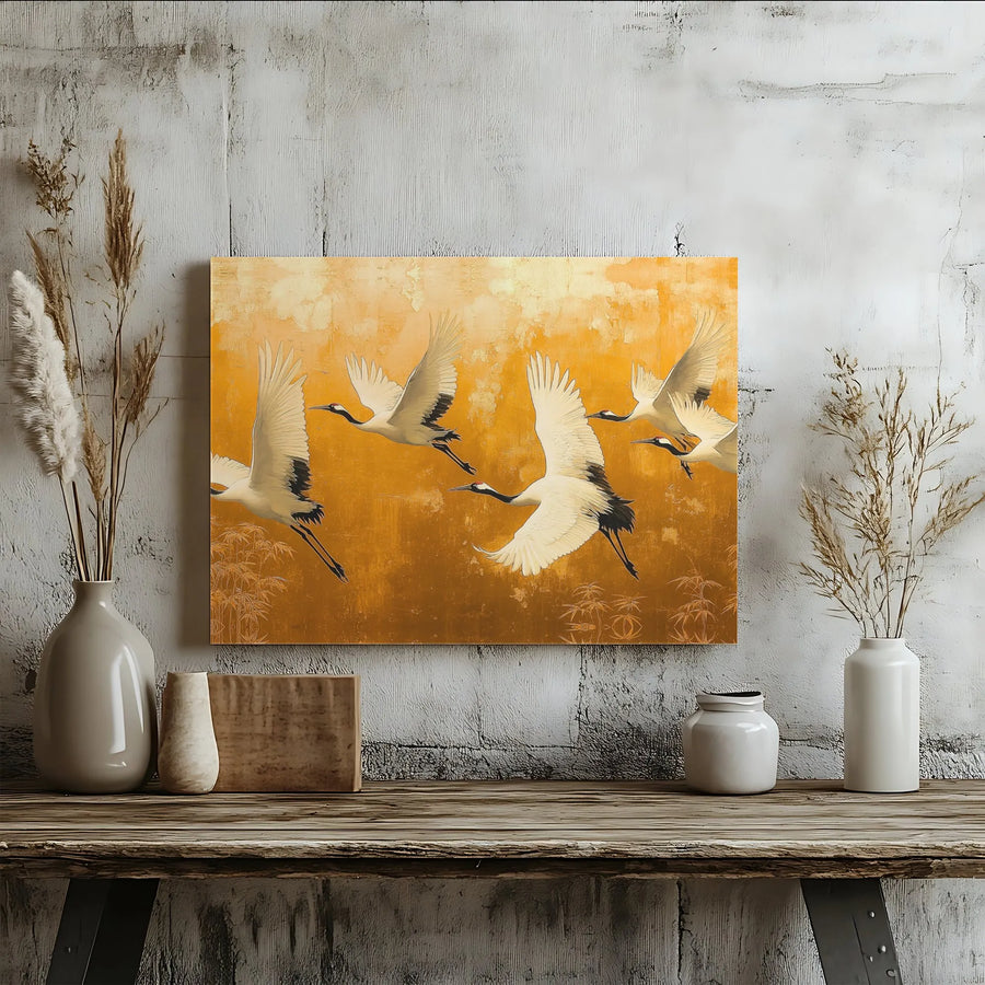 Japanese Red-Crowned Crane Canvas Wall Art | Elegant Gold Flying Bird Motif | 1.25-Inch Gallery Wrap Print | Premium Home Decor Gift