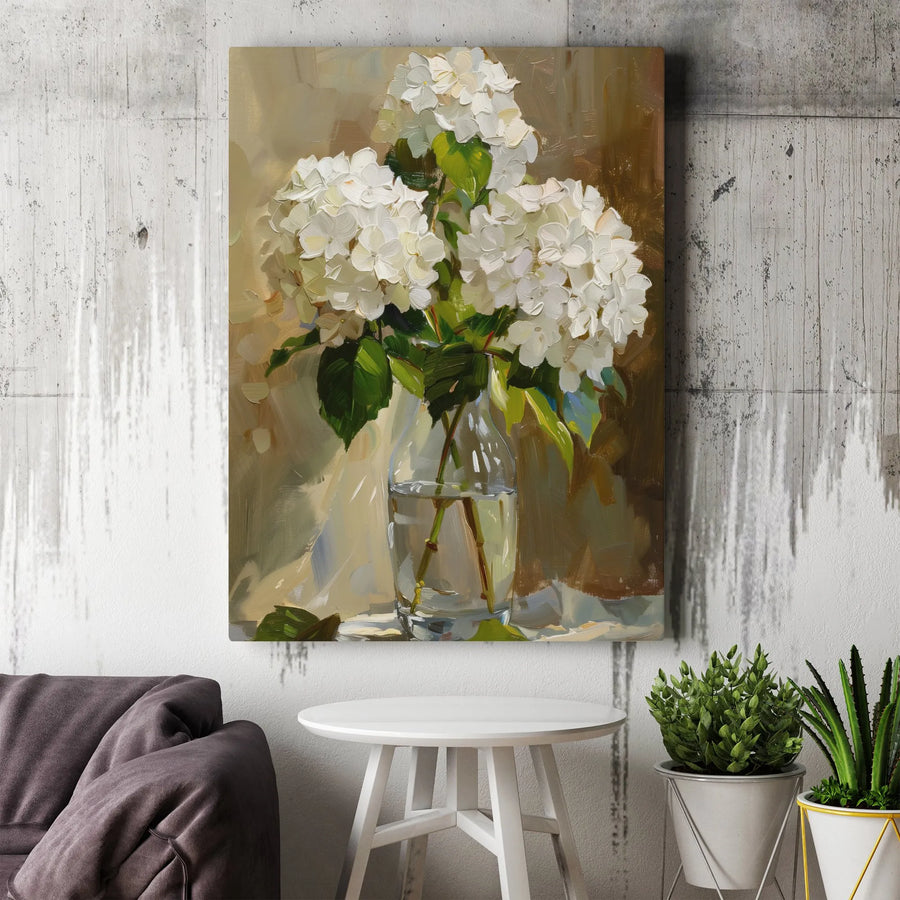 White Hydrangeas Still Life Canvas Art | Floral Oil Painting Print | Gallery-Quality 1.25 Inch Profile | Elegant Home Decor Wall Art