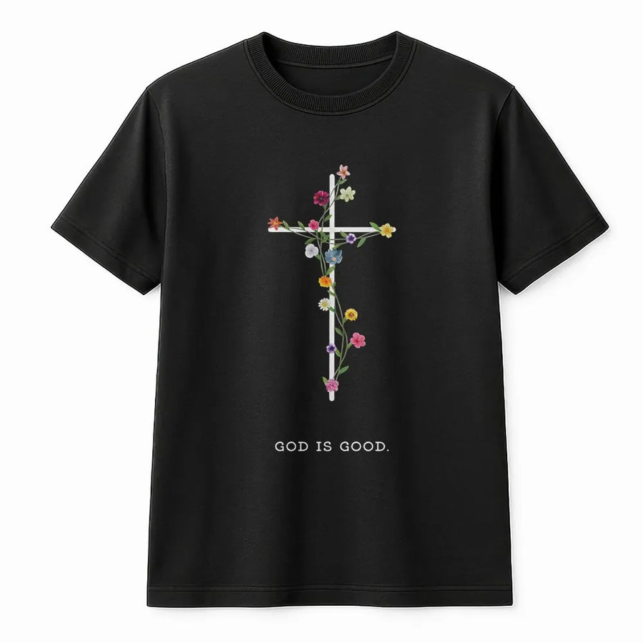 God Is Good T-Shirt | Floral Cross Christian Graphic Tee | Premium Soft Cotton Religious Shirt | Faith Based Gift for Women and Men