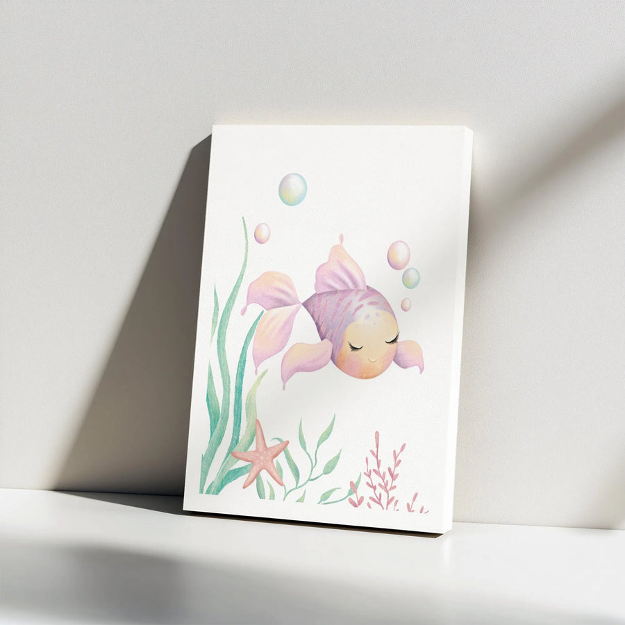 Cute Goldfish Canvas Wall Art | Watercolor Nursery Decor Print | 1.25 Inch Gallery Wrap | Ocean Themed Baby Room Gift