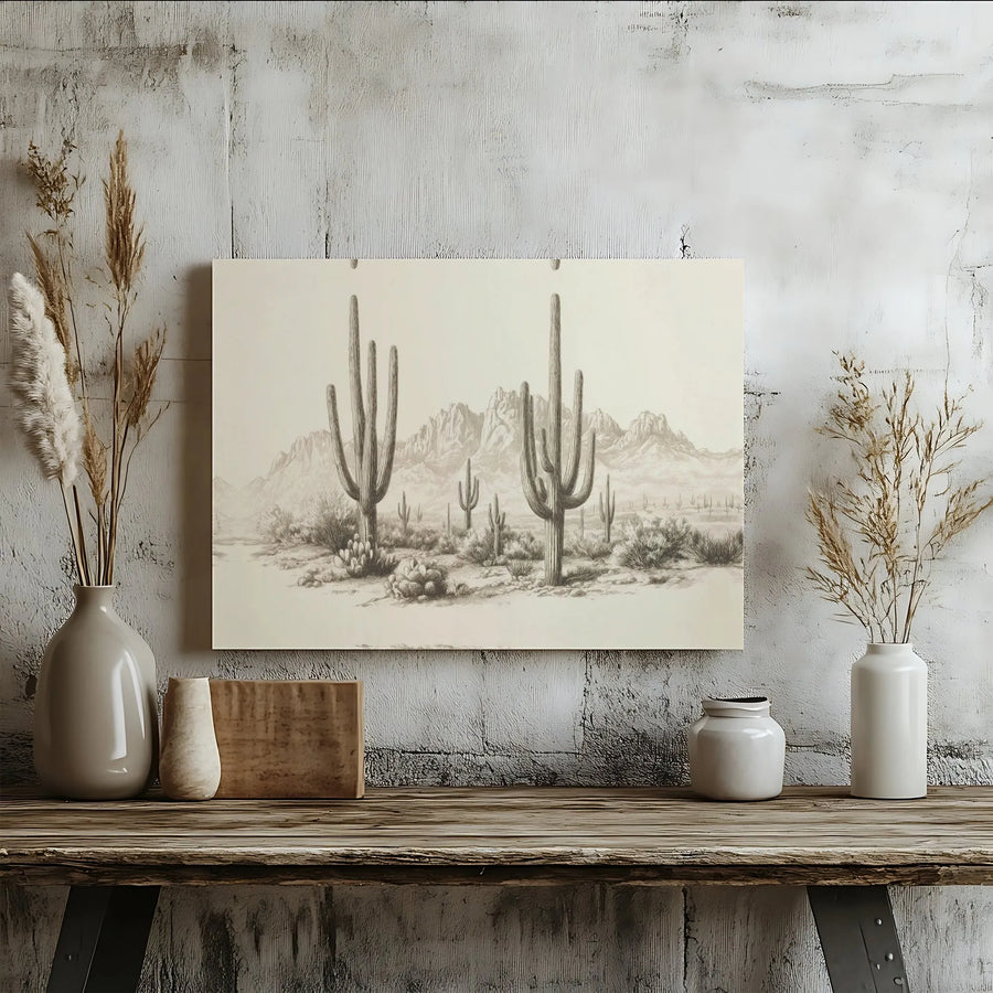 Desert Landscape Canvas Wall Art | Vintage Saguaro Cactus Sketch | Premium 1.25-Inch Gallery Wrap | Southwestern Home Decor Gift