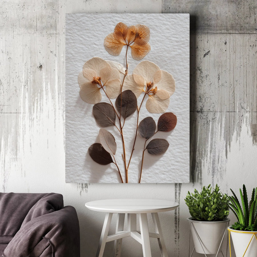 Pressed Flower Wall Art Canvas | Dried Botanical Floral Print | Premium Textured Minimalist Decor | Neutral Home Office Gift