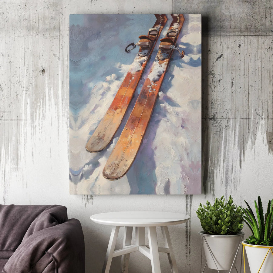 Vintage Wooden Skis Canvas Art | Snowy Mountain Landscape Print | Premium Gallery Wrap Decor | Ski Lodge Wall Decor for Winter Sports Lovers