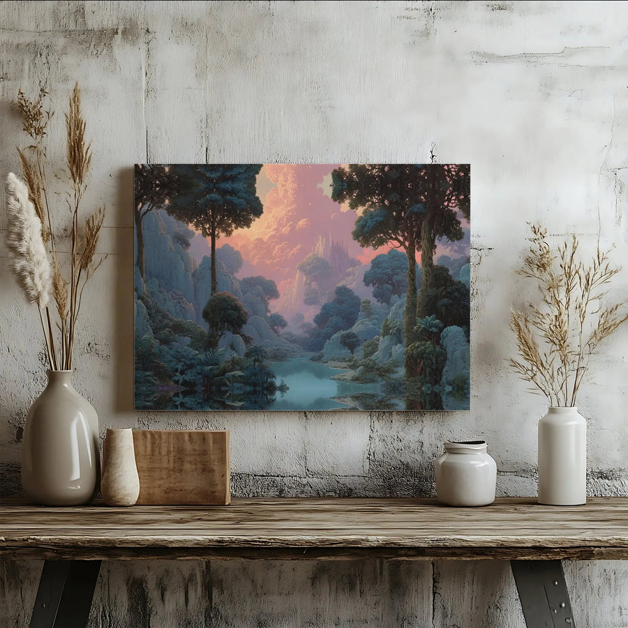 Fantasy Landscape Wall Art | Serene Forest Castle Sunset Canvas Print | Premium Gallery Wrap Decor | Dreamy Nature Gift for Home Office