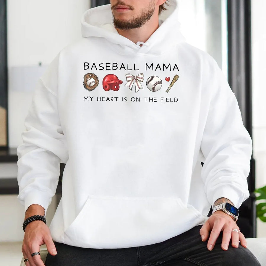 Baseball Mama Hoodie | My Heart Is On The Field Graphic | Premium Cotton Apparel | Game Day Gift for Baseball Mom