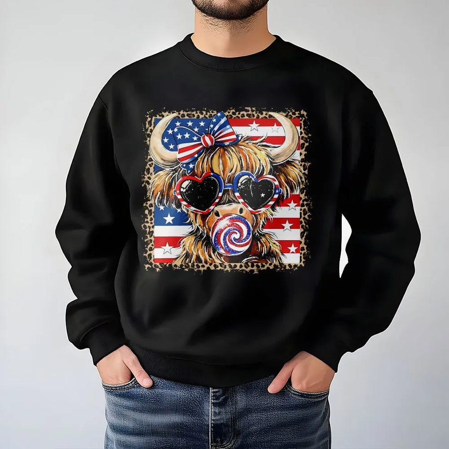 Highland Cow 4th of July Sweatshirt | Leopard Print American Flag Graphic | Premium Cotton Blend | Patriotic Western Gift for Women