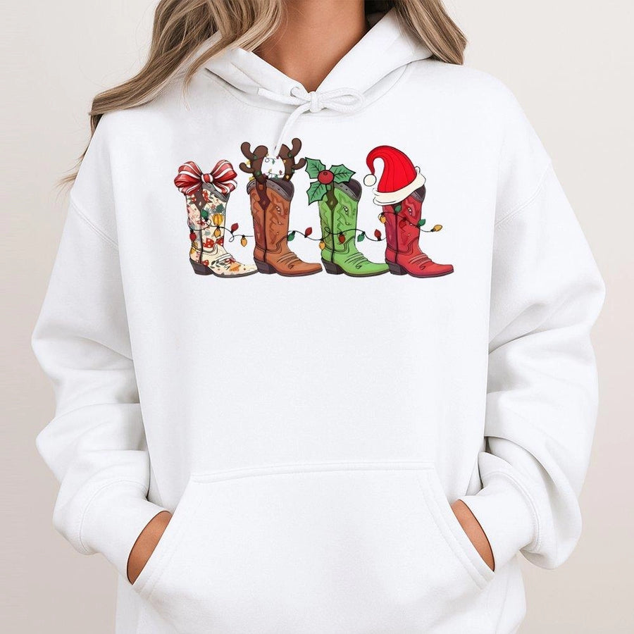 Western Christmas Hoodie | Cowboy Boot Holiday Graphic | Premium Cotton Blend | Cowgirl Country Winter Gift for Her