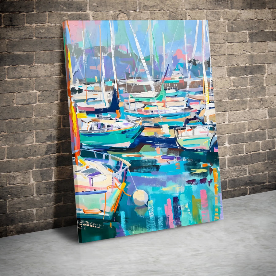 Abstract Sailboat Harbor Vertical Canvas | Vibrant Impressionist Marina Painting | Premium Gallery Wrapped Wall Art | Coastal Living Room Decor Gift