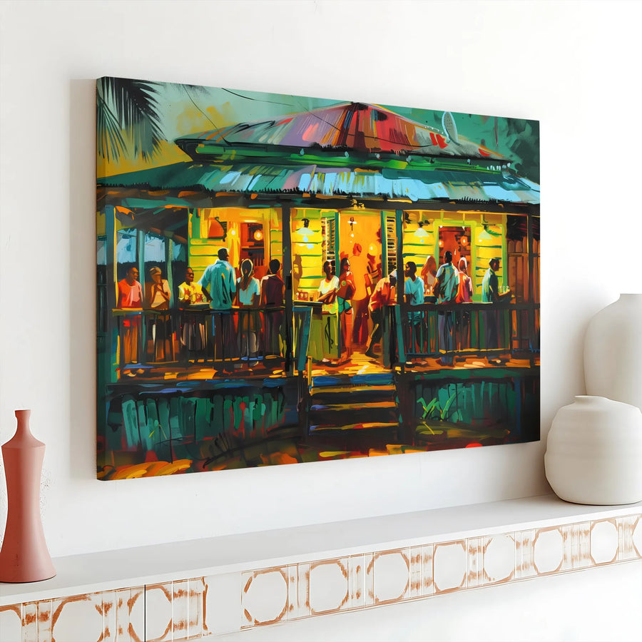 Caribbean Beach Bar Canvas Art | Vibrant Tropical Nightlife Wall Decor | Premium 1.25-Inch Gallery Wrap | Ready To Hang Island Home Interior