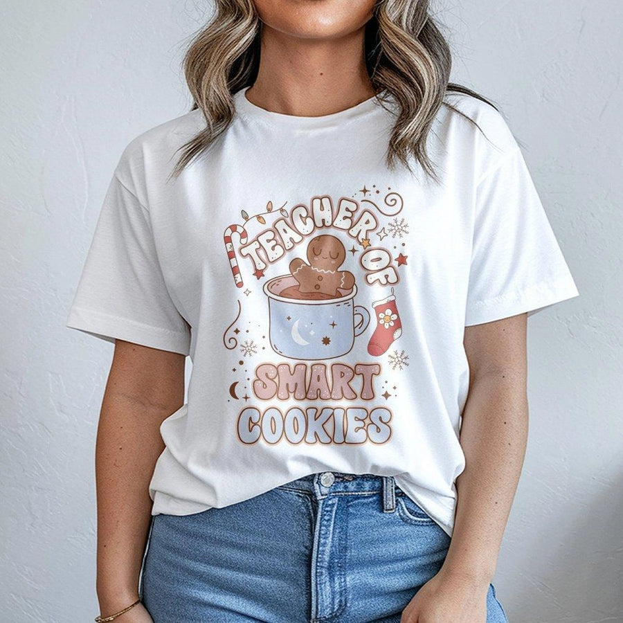 Teacher Of Smart Cookies T-Shirt | Cute Gingerbread Christmas Design | 100% Cotton Premium Tee | Holiday Gift For Teachers And Educators
