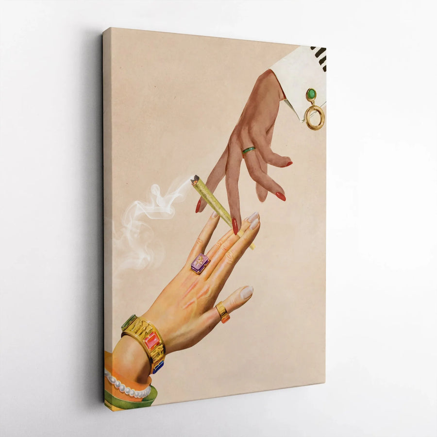 Hands Passing Joint Canvas Print | Vintage Collage Aesthetic Wall Art | Premium Gallery-Wrapped 1.25" Profile | Edgy Home Decor Gift for Smokers