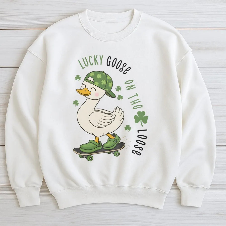 Lucky Goose Sweatshirt | Skater Goose St. Patricks Day Graphic | Cotton Blend Premium Apparel | Fun Holiday Gift for Kids and Adults