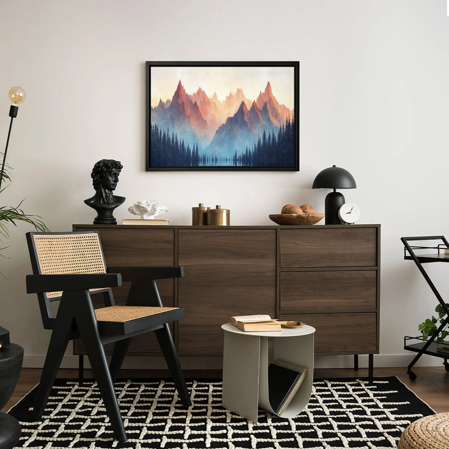 Mountain Landscape Canvas Print | Red Sunrise Misty Pine Forest | Premium Gallery Quality Wall Art | Nature Decor for Home or Office