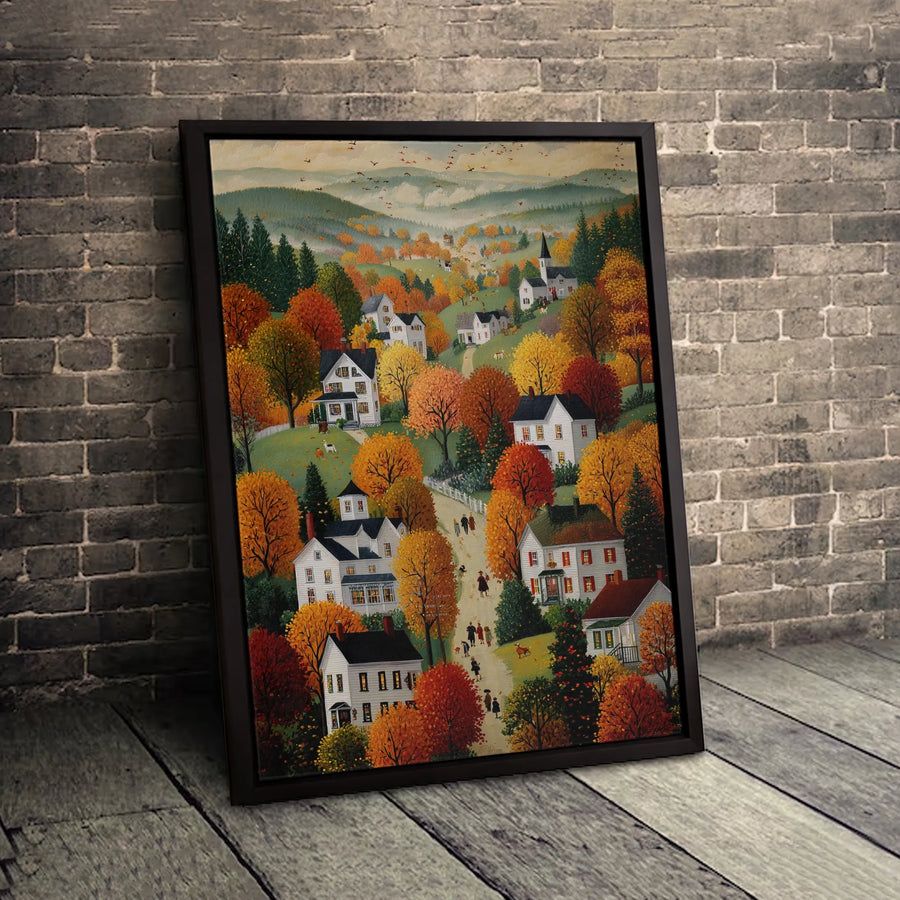 Folk Art Autumn Village Canvas Print | Colorful New England Landscape | 1.25-Inch Premium Gallery Profile | Seasonal Fall Wall Art Gift