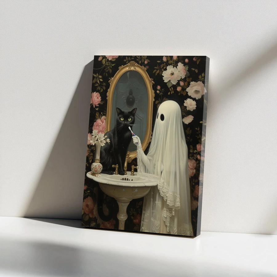 Ghost and Black Cat Canvas Wall Art | Vintage Gothic Bathroom Painting | Premium Gallery Canvas | Unique Whimsigoth Home Decor Gift