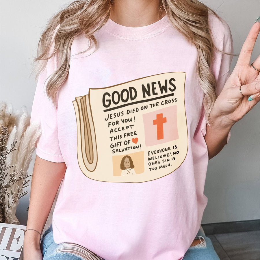 Good News Christian Graphic T-Shirt | Retro Newspaper Design | 100% Premium Cotton | Religious Faith Based Gift for Men and Women