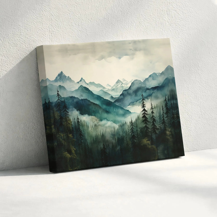 Misty Mountain Forest Canvas Wall Art | Watercolor Landscape Nature Print | Premium Fade-Resistant Gallery Wrap | Serene Home Decor Gift