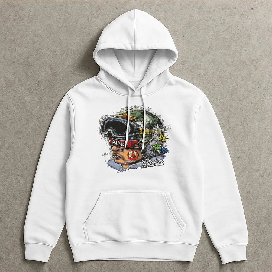 Faded Graphic Hoodie | Streetwear Soldier Helmet Print | Premium Cotton Blend | Unisex Y2K Aesthetic Gift for Teens and Young Adults