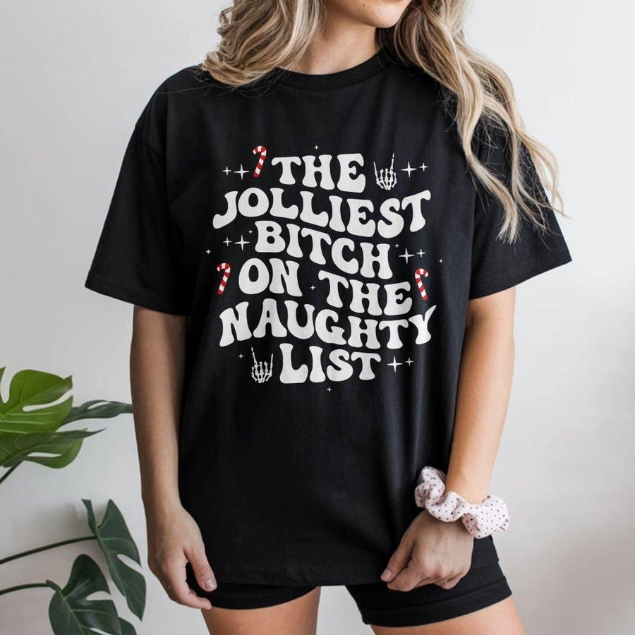 Jolliest Bitch On The Naughty List T-Shirt | Funny Christmas Retro Graphic | Premium Soft Cotton | Sarcastic Holiday Gift For Women