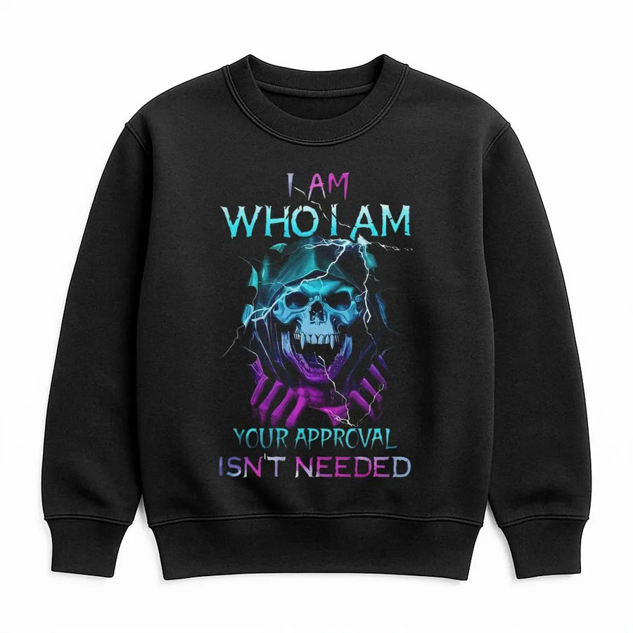 I Am Who I Am Skull Sweatshirt | Edgy Neon Skeleton Graphic Print | Premium Cotton Blend Crewneck | Gothic Streetwear Gift for Men and Women