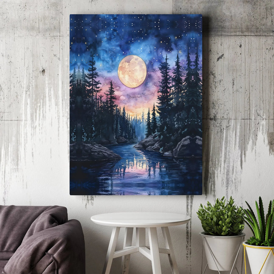 Full Moon Pine Forest Wall Art | Night River Watercolor Print | Premium Gallery Canvas | Nature Landscape Home Decor Gift