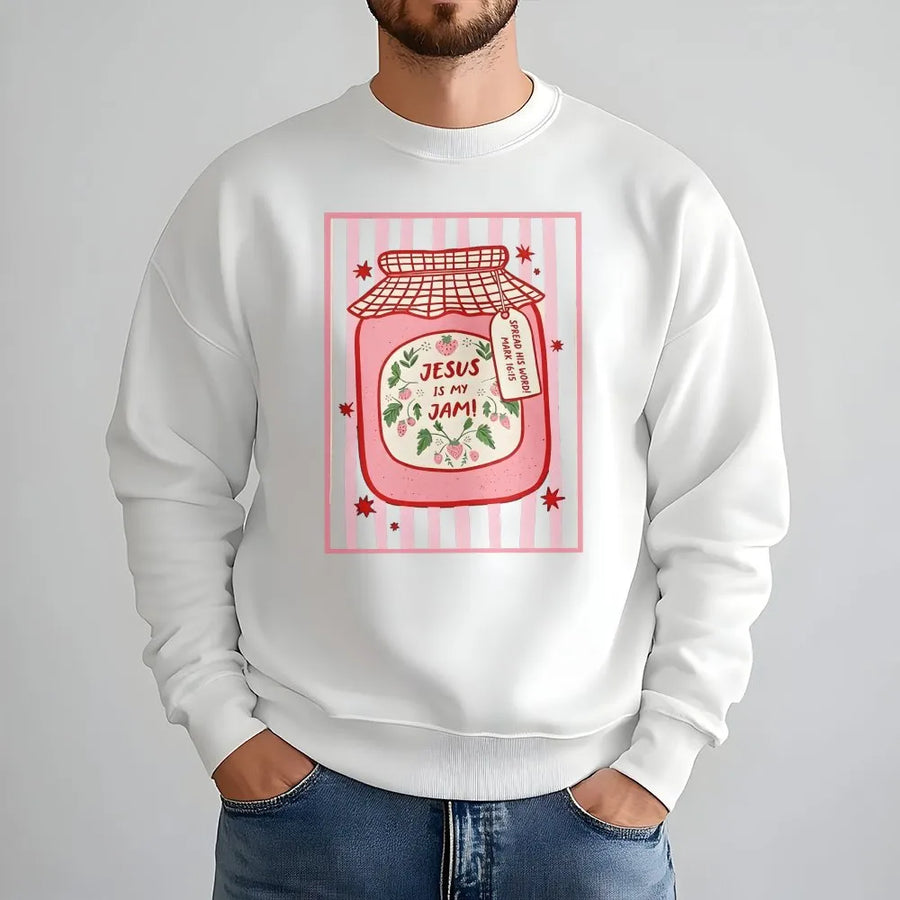 Jesus Is My Jam Sweatshirt | Cute Strawberry Jam Jar Graphic | Soft Cotton Blend Pullover | Faith Based Gift for Christian Women