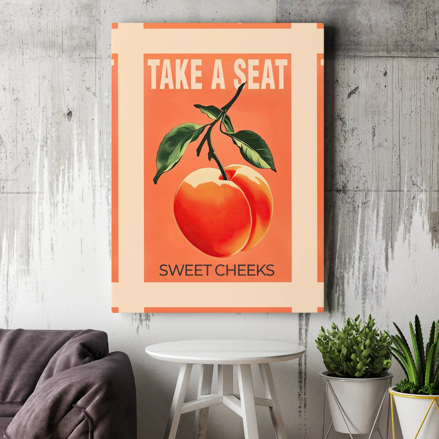 Take A Seat Sweet Cheeks Wall Art | Retro Peach Fruit Print | Premium Gallery Wrapped Canvas | Funny Bathroom Decor for Home or Office
